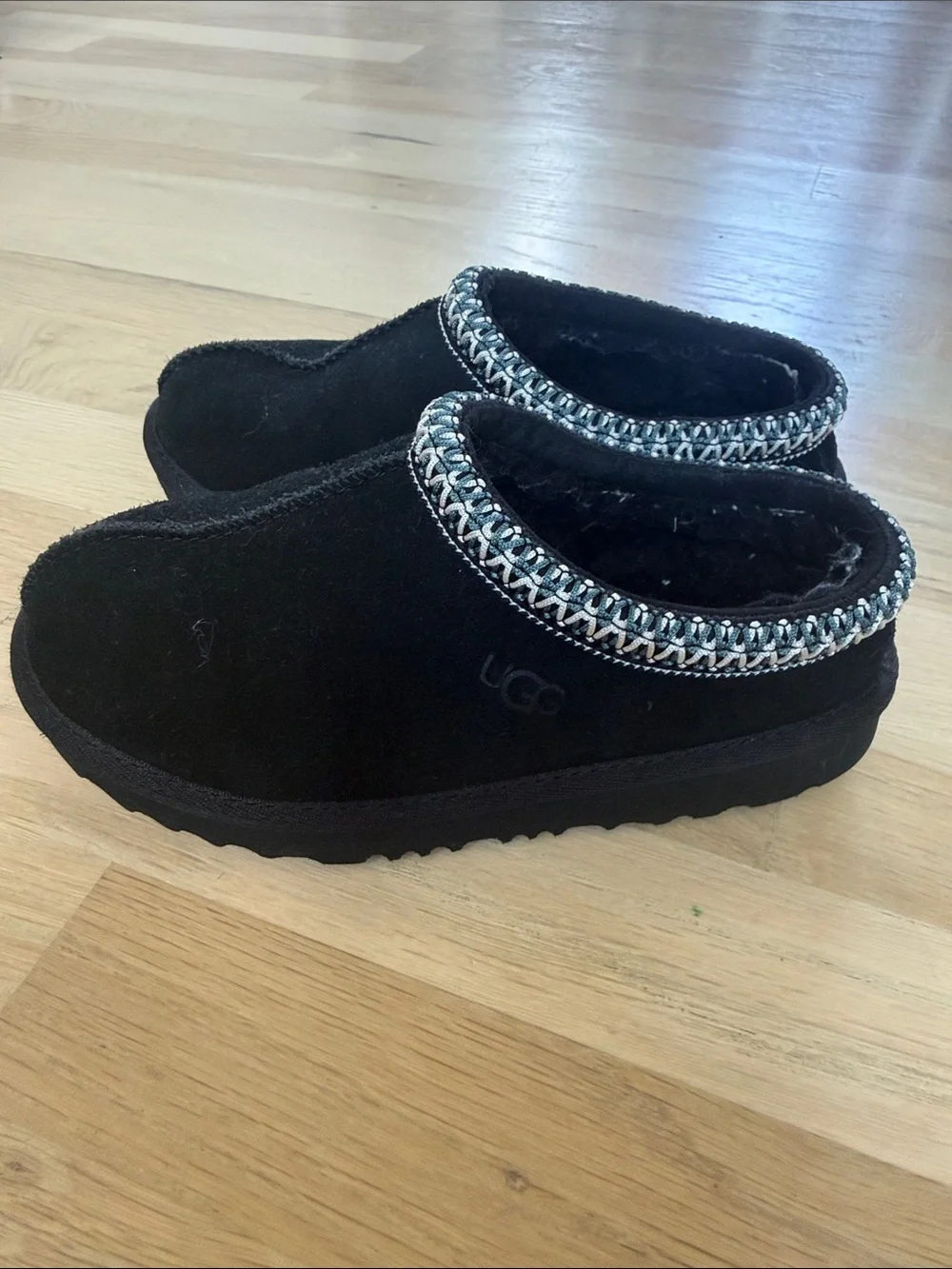 UGG Black Suede Slip-On Clog with Braided Collar